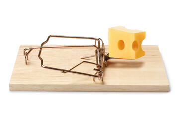 Mouse trap with a piece of cheese, isolated on white background
