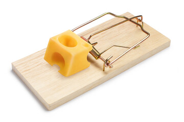 Mouse trap with a piece of cheese, isolated on white background