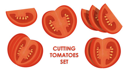 Sliced tomato set. Tomato wedges and slices, halved and thinly sliced for salads and snacks. Flat cartoon vector isolated on white background