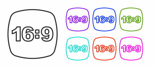 Black line Photo frame 16-9 icon isolated on white background. 16-9 photo size. Camera sensor size. Set icons colorful. Vector