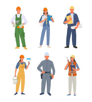 workers. people of different industrial professions engineers painters technicians in uniform clothes male and female persons standing. Vector characters