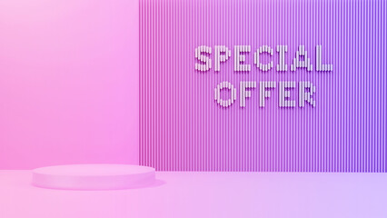 Podium with the inscription "special offer", light background. Mock up for the exhibitions, presentation of products, 3D render.
