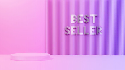 Podium with the inscription "bestseller", light background. Mock up for the exhibitions, presentation of products, 3D render.