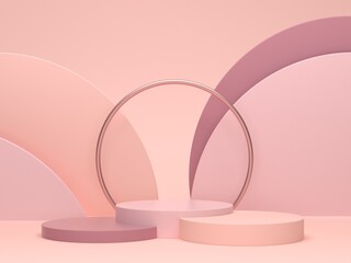 Minimal scene with podium and abstract background. Geometric shapes. Pastel colors scene. Minimal 3d rendering. Scene with geometric forms and textured background for cosmetic product. 3d render.