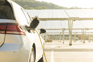 Charging electric car. Electric vehicles using renewable energy solar panels on green energy...