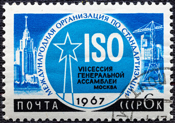 RUSSIA - CIRCA 1967: Postage stamp printed in Soviet Union shows 7th General Assembly of the ISO,...