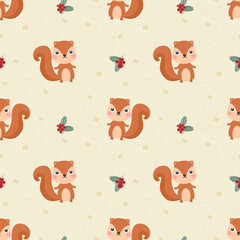 Seamless pattern squirrel and berry.