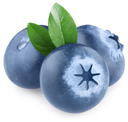 Ripe blueberries with green leaves, isolated on white background