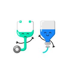 Funny medicine in a modern style kawaii, drip and stethoscope. Vector simple cartoon medicine. Treating the sick, human health, saving lives, the concept of pharmacy.