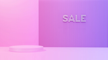 Podium with the inscription "sale", light background. Mock up for the exhibitions, presentation of products, 3D render.