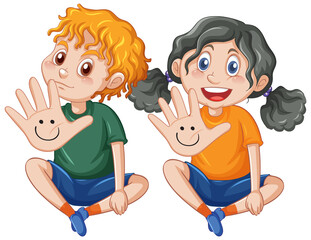Two kids open hands cartoon character