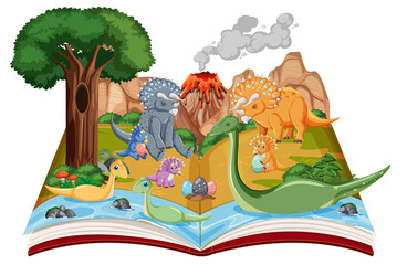 Opened book with various dinosaurs in the forest