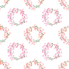 seamless pattern in the form of wreaths with dogwood flowers painted in watercolor