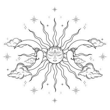 Hand drawn magic vector illustration on white background.  Occult symbols of moon, sun, stars and clouds. Celestial esoteric spiritual symbols. Vector templates. Moon pagan. Wicca moon.