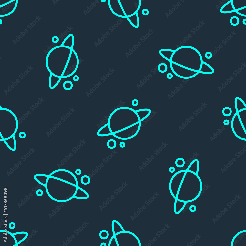 Poster green line planet saturn with planetary ring system icon isolated seamless pattern on blue backgroun