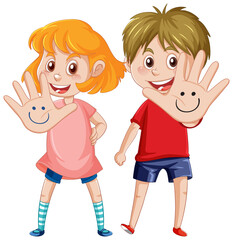 Two kids open hands cartoon character