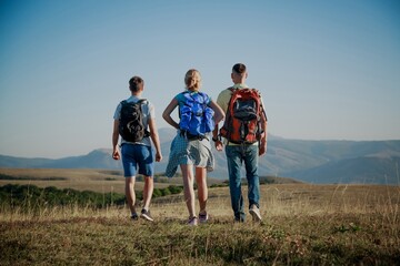 A group of tourists with backpacks are walking in mount