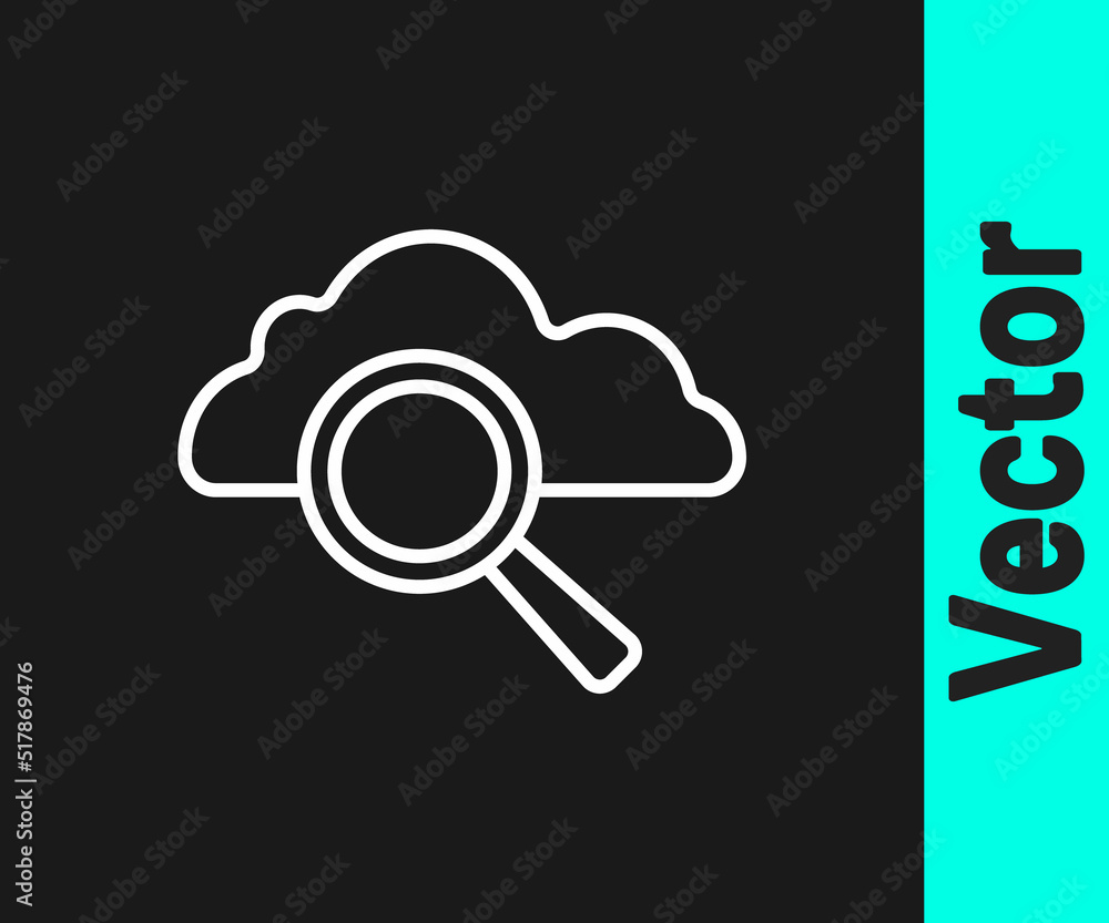 Aufkleber white line search cloud computing icon isolated on black background. magnifying glass and cloud. vec