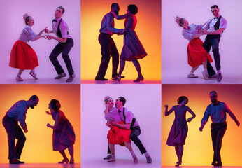Set with images of stylish men and women dancing in bright clothes on colorful background at dance...