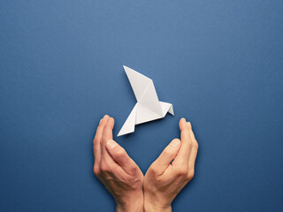 Hands protecting an origami peace dove on a blue paper background, freedom cocnept