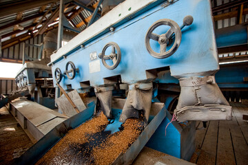Agro manufacturing plant equipment. Elevator granary warehouse. Harvest time