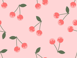 Obraz premium Seamless pattern with cherry fruit and green leaves on pink background vector illustration. Cute fruit print.