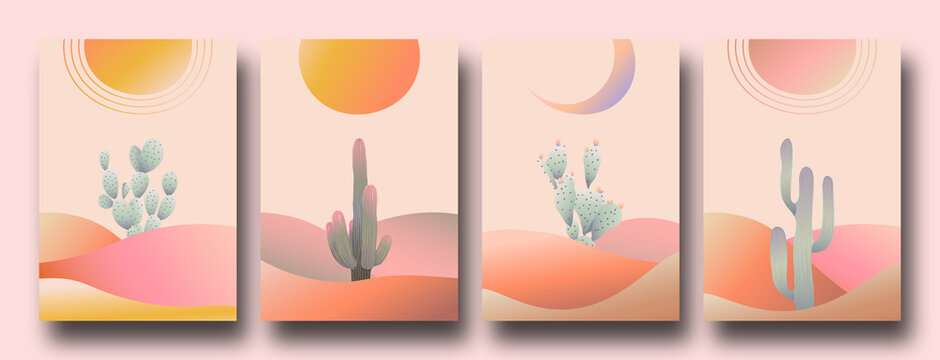 Trendy set of abstract creative nature scenes in a minimalist artistic hand drawn compositions.	
