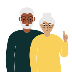 Smiling elderly couple, good mood concept. Positive emotions, happy people, man and woman showing thumbs up, fun and joy.