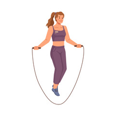 Skipping female personage using jumping rope for exercises. Warming up and working out, fitness and training for healthy lifestyle. Flat cartoon character, vector illustration