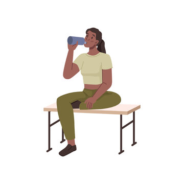 Female personage resting after exercises, doing sports and working out. Isolated woman drinking water sitting on bench and stretching. Flat cartoon character, vector illustration