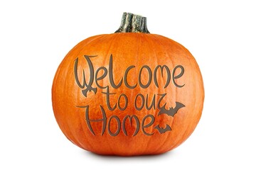 Halloween pumpkin with lettering welcome home isolated on white background