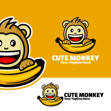 cute logo monkey with big banana art illustration