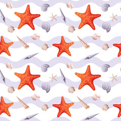 Fototapeta na wymiar Seamless pattern with starfish and seashells with a wavy pattern. Cute children s pattern for gift paper, fabric, wallpaper