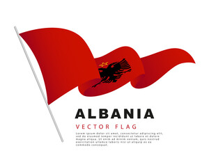 The flag of Albania hangs on a flagpole and flutters in the wind. Vector illustration on a white background.