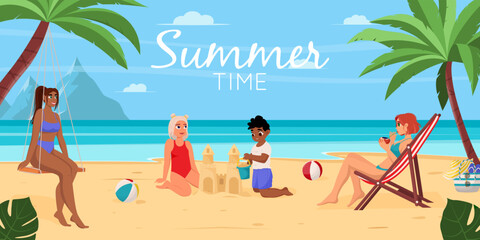 Summer vacation concept background. Beautiful summer beach landscape with sea, palm trees, sand castle. A girl is resting on a chaise longue, children are building a sand castle, a girl is sitting on