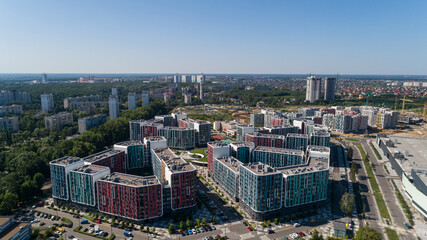 Fototapeta premium Drone aerial view modern building Residential complex Respublika. Construction of residential premises. Kyiv capital of Ukraine