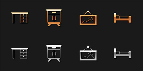 Set Office desk, Furniture nightstand, Picture and Bed icon. Vector