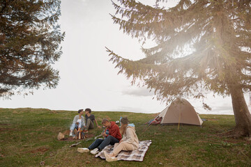 Two couples resting and having fun on top of mountain at tent. Camping concept.