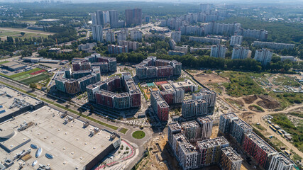 Drone aerial view modern building Residential complex Respublika. Construction of residential premises. Kyiv capital of Ukraine
