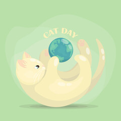 Postcard for the international cat day on August 8. funny cartoon cat playing with planet earth. Happy animals Print to greeting card, poster, flyer. cat logo