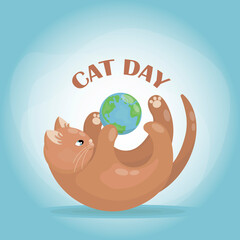 Postcard for the international cat day on August 8. funny cartoon cat playing with planet earth. Happy animals Print to greeting card, poster, flyer. cat logo