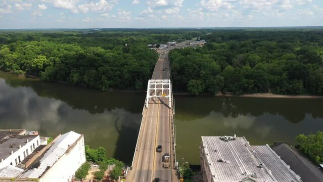 Edmund Pettus bridge in Selma, Alabama with drone video moving down with wide shot.