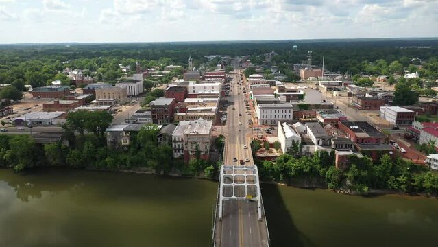 Edmund Pettus bridge in Selma, Alabama with drone video including skyline.