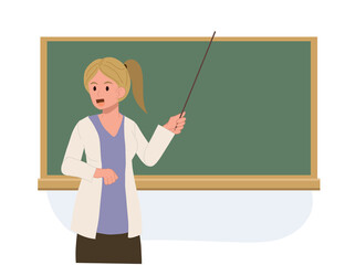 education concept. Female teacher is teaching. teacher holding pointer at the chalkboard.Vector illustration.