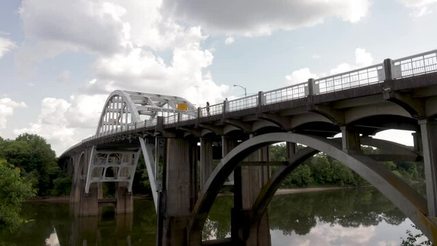 Edmund Pettus bridge in Selma, Alabama from below with pan.