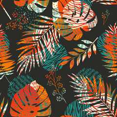 Abstract geometric, natural shapes in minimal style. Modern seamless pattern with tropical leaves, geo elements for minimalist art print, textile, boho wallpaper decor. Vector illustration