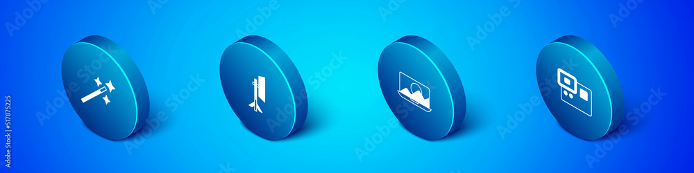 Sticker Set Isometric Photo retouching, Action extreme camera and Studio light bulb softbox icon. Vector