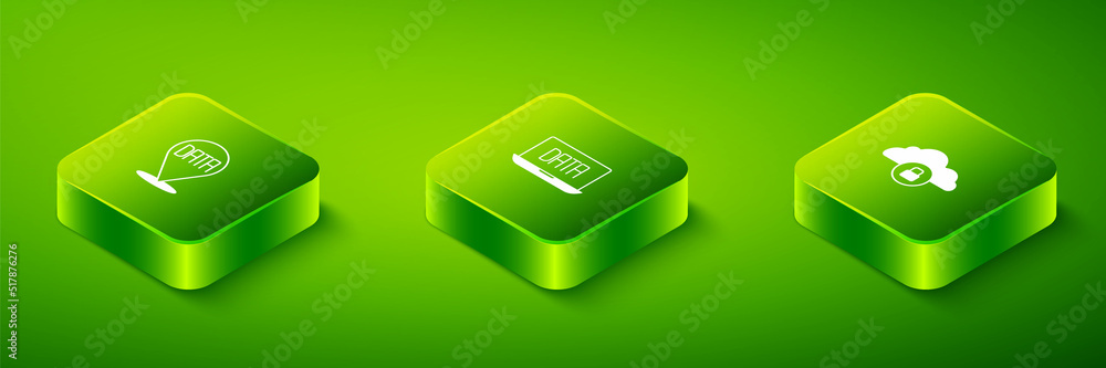 Poster set isometric data analysis, cloud computing lock and icon. vector