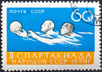 USSR - CIRCA 1959: A post stamp printed in USSR shows water polo, circa 1959