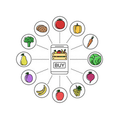 Online store with vegetables and fruits. Shopping via application on phone, vector illustration